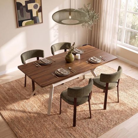 Table à manger 160cm pieds métal beige et plateau finition noyer ANDREA (1/5)