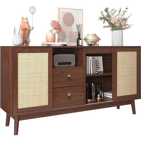 Sideboard 155cm mit Rattantüren und 2 Schubladen, Dunkelbraun (1/5)