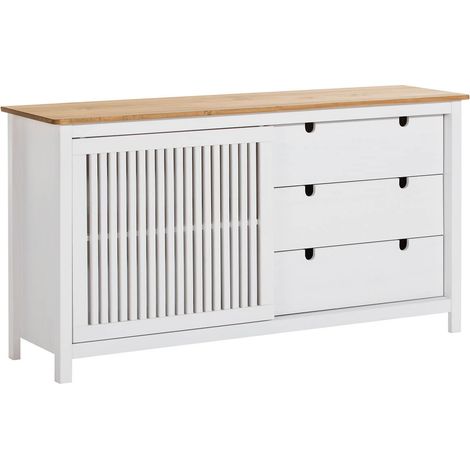 MALIA - Buffet Bas 3 Tiroirs 1 Porte Bois Ciré et Blanc (1/5)