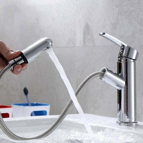 KLVGTIFS PU - CALDION Robinet Lavabo Salle de Bain Avec Douchette Extractible 2 Jets d’Eau Mitigeur Evier Cuisine en Laiton Durable Robinetterie (1/5)