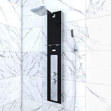 Colonne de Douche à Hydromassage 22x125cm - Verre Trempé avec plaque Inox - BLACK