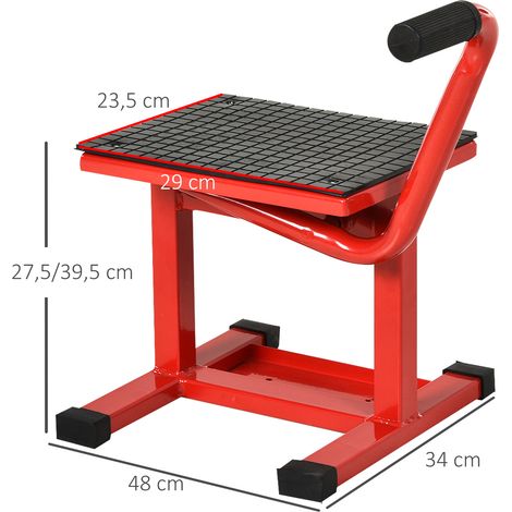Sollevatore per moto con manovella, altezza regolabile 27,5/39,5 cm, base antiscivolo, portata 150 kg, rosso e nero.