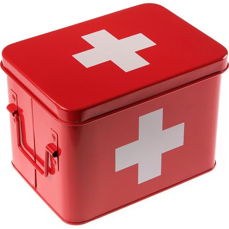 Scatola per medicine in metallo box per kit pronto soccorso organizer porta medicinali beauty da casa rossa con croce bianca (1/3)