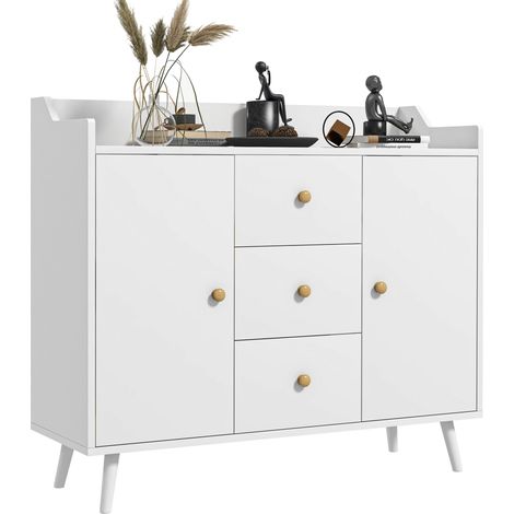 Credenza, mobile contenitore con 2 ante, 3 cassetti e gambe in legno massello, stile moderno, 90 x 32 x 80 cm, bianco