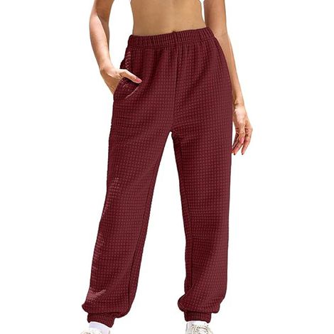 Pantalon de jogging long décontracté pour femme, taille élastique, couleur unie, coupe ample, idéal pour le sport, bordeaux, taille M (1/2)