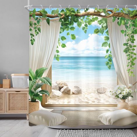 Rideau de douche océan plage 183 x 183 cm plage bleu mer côtier été tropical Hawaï nature feuilles plante ensemble de salle de bain paysage moderne chic imperméable accessoires de décoration (1/5)
