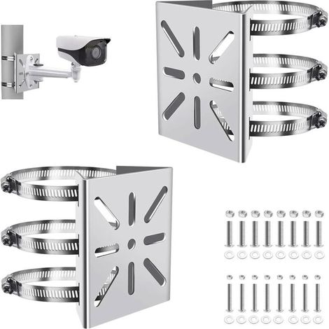 Support Caméra de Surveillance 2 Pièces, Équerre Réglable en Acier Inoxydable avec Collier de Serrage pour Poteau Vertical de 20 cm, Montage Extérieur Universel pour CCTV (1/4)