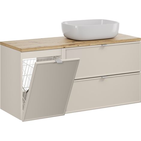 Petits-Meubles – Meuble vasque suspendu 120cm – 2 tiroirs – Panier à linge intégré – Vasque en céramique blanche – Fabrication européenne – Couleur cachemire