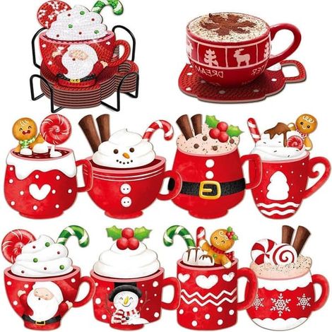 Dessous de verre de Noël - Lot de 8 - Dessous de verre à peindre avec des diamants - Avec support - Motifs Père Noël et Bonhomme de neige - Convient aux débutants (1/5)