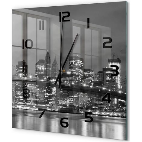 Grande Horloge Murale Carrée Verre Trempé Silencieuse Facile à Lire Design Moderne Manhattan, New York 60x60 cm (1/5)