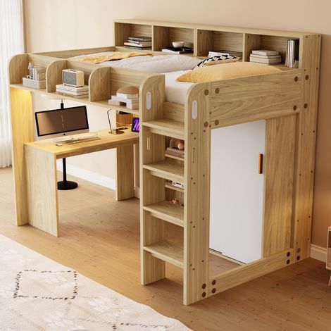 Cama alta 90 x 200 cm con escritorio, armario, LED y enchufe OKMYHOME (1/5)
