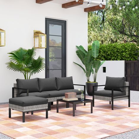 Salon de jardin extérieur 5 personnes. salon de balcon en résine tressée avec fauteuils. pouf et table basse gris clair