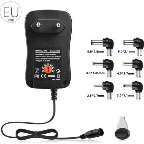 Alimentation Universelle AC DC - 3V 4.5V 5V 6V 7.5V 9V 12V - 6 Prises + Port USB 5V 2.1A - Pour Pédales Récepteurs Routeurs Caméras Bandes LED - 1 Pièce (1/3)