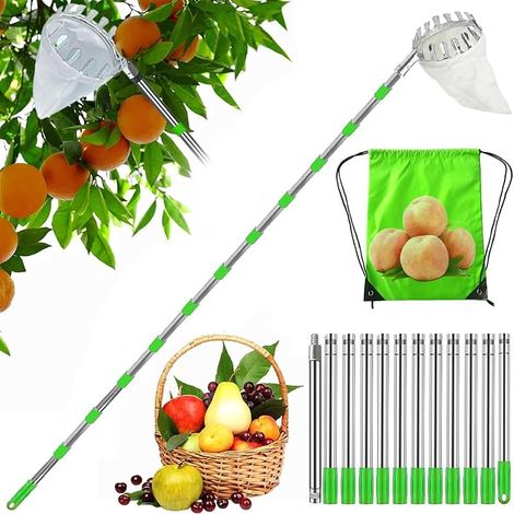 Récolteur de fruits, récolteur de pommes, aide à la récolte 453 cm, pince à fruits facile à monter, récolteur de cerises avec rallonge légère en acier inoxydable, tige de connexion et sac en (1/5)