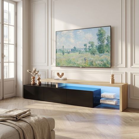 Meuble TV moderne 200cm avec éclairage LED, Étagères en verre, Rangement optimisé, Meuble de Salon en Bois Clair et Noir (1/5)