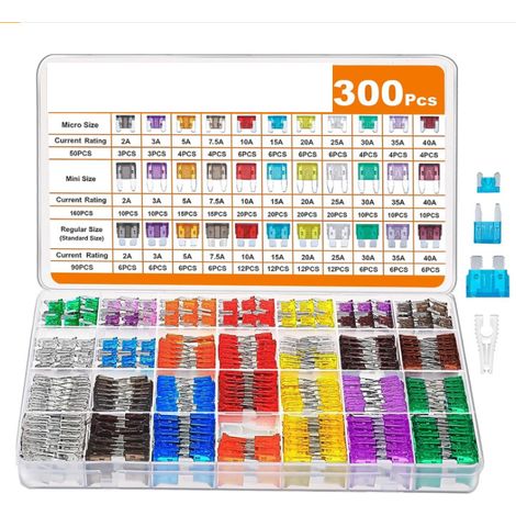 300 Pcs Fusible Voiture Set, 160 mini 90 clips de fusible micro fusible standard 50 - pour Voiture/RV/Camion/Moto (2A 3A 5A 7.5A 10A 15A 20A 25A 30A 35A 40A) (1/5)