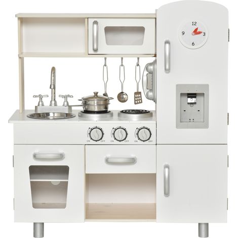 Cuisine jouets en bois avec évier, plaque induction et micro-ondes simulés, accessoires inclus, pour enfants +3 ans, 74x30x81 cm, Blanc
