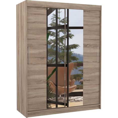 Armoire de chambre 2 portes coulissantes bois truffe et miroir Linoa 150cm (1/5)