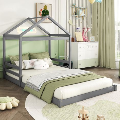 Cama tipo cabaña - 140x200 cm con somier de láminas - madera - gris - sin colchón (1/5)