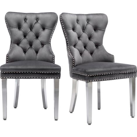 CAIziLot de 2 chaises de salle à manger en velours gris, pieds métal, anneau (1/5)