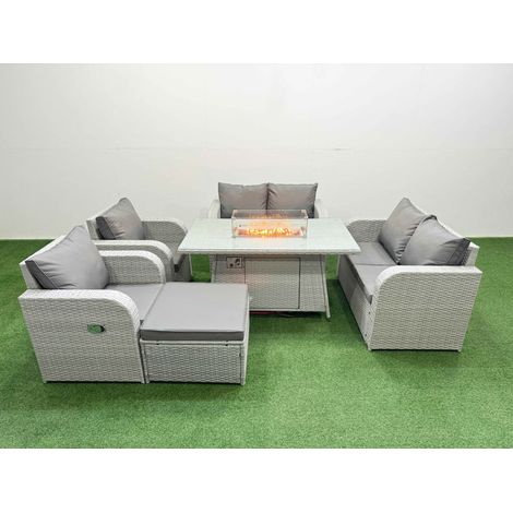 Fimous 7 Seater Outdoor Reclining Chair Love Sofa Set Rattan Garden Furniture Set with Firepit Dining Table Footstool Light Grey (1/4)