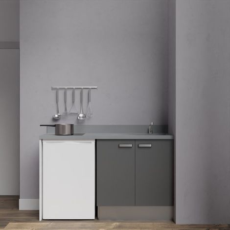 Kitchenette K17L - 140 cm avec plan monobloc et emplacement frigo top-Gris-Cromo-évier à droite