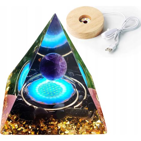 Piramide in orgonite + base per lampada a LED, amuleto con pietre di cristallo da 5 cm, HX09 (1/5)