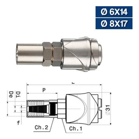 RUBINETTO INNESTO RAPIDO UNIVERSALE CON PORTAGOMMA PER COMPRESSORE 14486V Ø 6X14 (14486) (1/4)