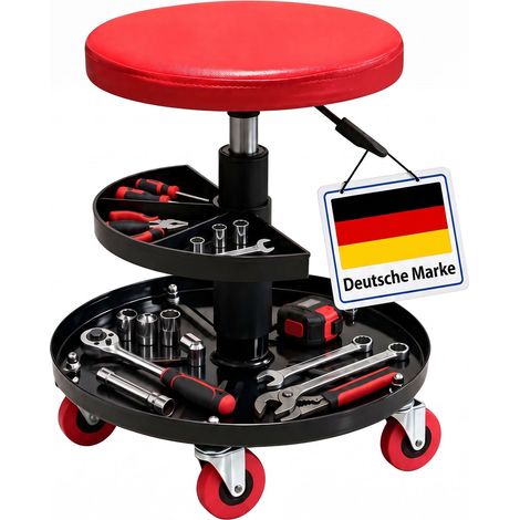 Relaxdays Werkstatthocker, Rollen, höhenverstellbar, Montagehocker, Ablage, 5 Rollen, HxD: 42-56x38 cm, Metall, rot (1/5)