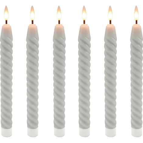 Relaxdays LED Stabkerzen, 6er Set, HxD: 25 x 2 cm, flackernde Flamme, Echtwachs, gedreht, flammenlose Kerzen, hellgrau