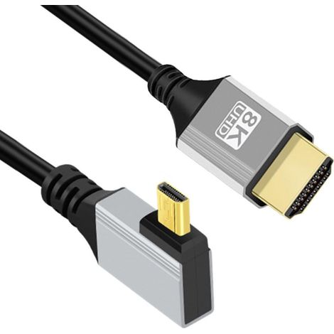 câble HDMI 2.1, câble HDMI mâle vers micro HDMI mâle 90 degrés angle droit 8K@60Hz 4K@120Hz 48 Gbit/s ultra haute vitesse plaqué or 0,5 m pour TV, moniteur, ordinateur