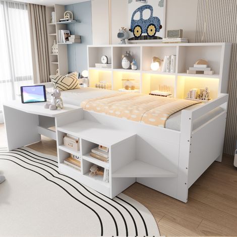 MEUBLIV Bett 90x200 cm Weiß – mit Schreibtisch, Stauraum und LED, ohne Matratze (1/5)