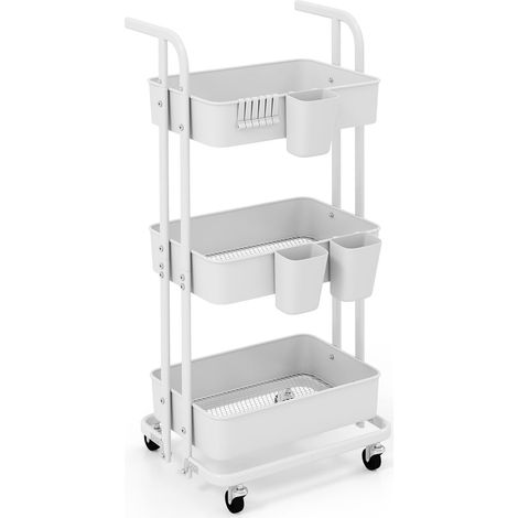 GOPLUS Chariot à roulettes Pliable à 3 Niveaux, Desserte Cuisine Pliable avec 3 Gobelets Suspendus, 6 Crochets, Roues Verrouillables, Chariot de Service pour Cuisine, Salon, Salle à Manger (1/5)