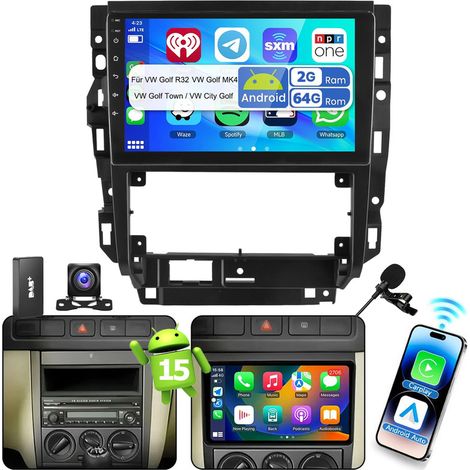 Autoradio Android 15 pouces avec Apple CarPlay, RDS, GPS et Wi-Fi pour VW Bora Golf 4 MK4 1J1 1J2 - 2+64G DAB+ MIC CAM (1/5)
