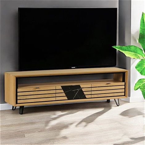 Meuble TV 3 tiroirs chêne blanc décor graphique ESSEN (1/2)
