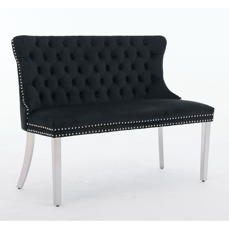 CAIziBanquette double de salle à manger en velours, siège 2 places capitonné avec boutons faits main, dossier à oreilles, pieds en acier inoxydable brossé argenté, style moderne du milieu du siècle, p (1/5)