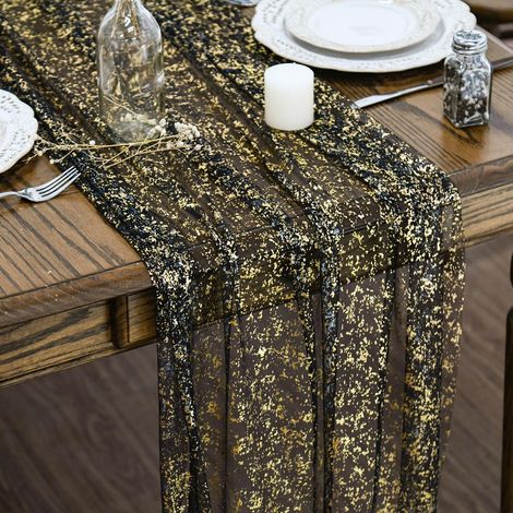 Lot de 3 chemins de table Artoid Mode Gaze Tulle Noir Doré 70x300 cm, décoration feuille d'or pour fêtes. (1/5)