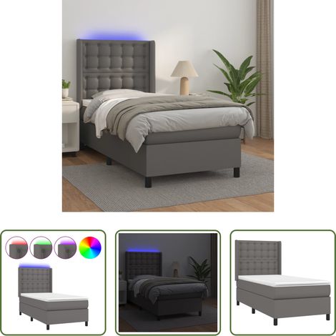 vidaXL LED-Bett -  Boxspringbett mit Matratze & LED Grau 90x190 cm Kunstleder (1/5)