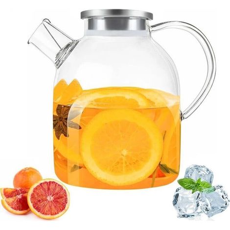 1,8-Liter-Krug aus Borosilikatglas mit Edelstahldeckel und -griff, Glaskrug, Wasserkrug, transparent und robust, für Eistee, heißes Wasser, Saft, Wein, Milch, Kaffee (1/4)