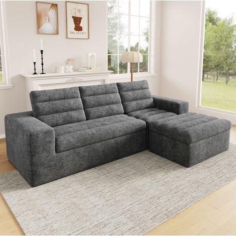 Divano angolare modulare 253x161x89 cm grigio chiaro con pouf, tessuto chenille, 4-5 posti MEUBLIV (1/5)