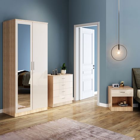 ELEGANT Wardrobes, 3 Piece Modern  Bedroom Furniture Set with Mirror Furniture Sets, 2 Door Soft Hinge Mirrored Wardrobe, 4 Drawer Chest of Drawers, Bedside Table, Cream/Oak (1/5)