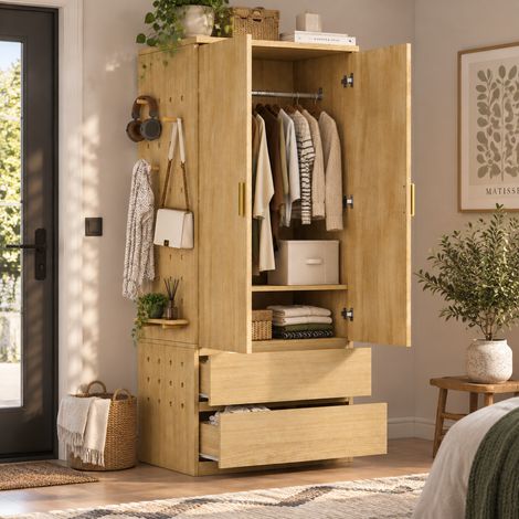 Armoire penderie effet bois avec panneau perforé latéral - 2 tiroirs - rangements cachés - armoire multifonction 70 x 50 x 170 cm (1/5)