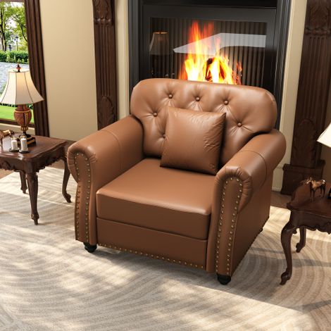 Fauteuil Chesterfield 105 cm, fauteuil individuel en similicuir, coussin d'assise à ressorts, capitonnage à boutons, accoudoirs enroulés, finition cloutée, marron (1/5)