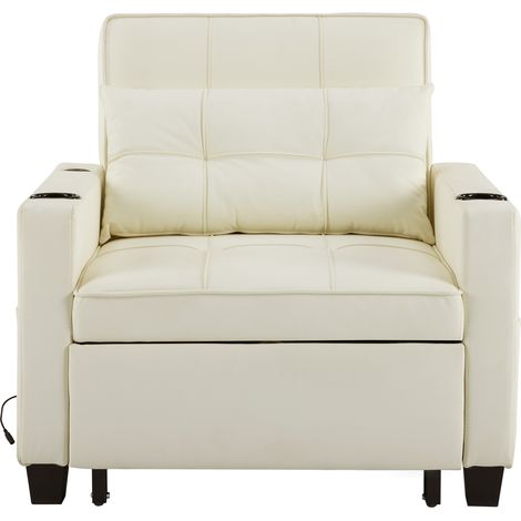 Divano letto singolo estraibile 3 in 1 bianco in similpelle con portabicchieri e porta USB (1/5)