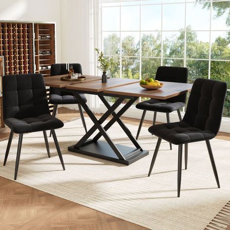 Ensemble table et chaises 160x80x80, table extensible cuisine, chaises velours noir, plateau noyer (1/5)