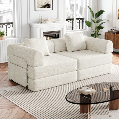 Sofá cama individual 2 en 1 de chenilla beige con reposabrazos con almacenaje (1/5)