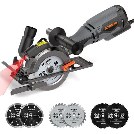 Circular saw, 710W circular saw with laser, 3500rpm, metal auxiliary handle, cutting depth 43mm (90°), 29mm (45°), 6 different blades. Ideal for wood, soft metal, and plastic.