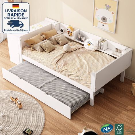 Cama nido 90x200cm, cama plana, con cama nido, con escritorio, tres estantes en el lateral de la cama, color blanco (1/5)