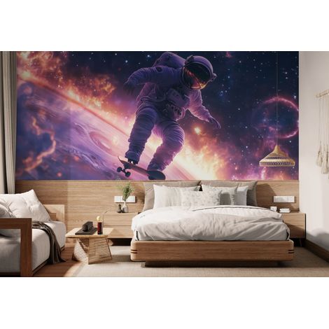 papier peint espace – astronaute et skateboard cosmique - 150 x 250 cm (1/2)