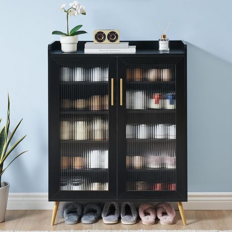 Armoire à chaussures 5 niveaux portes vitrées, pieds renforcés, rangement pour entrée, noire (1/5)